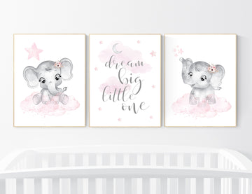 Nursery decor girl, Elephant nursery, nursery wall art elephant,  baby room, girl nursery decor, dream big little one, pink grey elephants