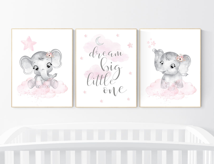 Nursery decor girl, Elephant nursery, nursery wall art elephant,  baby room, girl nursery decor, dream big little one, pink grey elephants