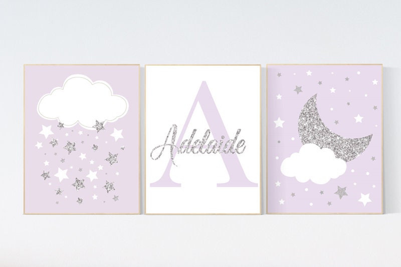 Nursery decor girl purple silver, nursery decor girl lavender and gray, lilac silver nursery, purple nursery, cloud, moon and stars