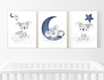 Koala Nursery Wall Art, Baby Koala Print Set, Moon and Stars Decor, Navy Blue Koala Prints, Cloud Baby Room Art, Gender Neutral Wall Art