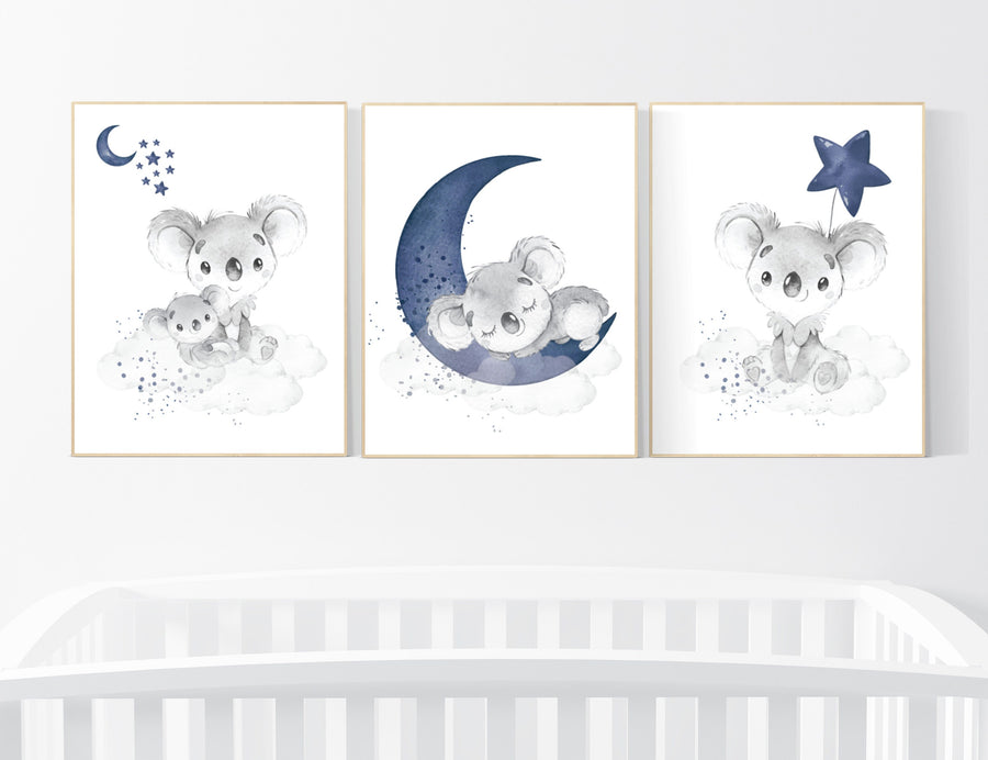 Koala Nursery Wall Art, Baby Koala Print Set, Moon and Stars Decor, Navy Blue Koala Prints, Cloud Baby Room Art, Gender Neutral Wall Art