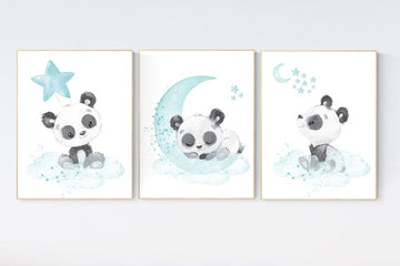 Panda nursery, teal nursery decor, gender neutral prints, mint nursery wall art, panda prints, animal nursery wall art, neutral nursery