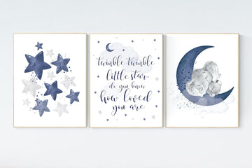 Nursery decor boy, navy nursery decor, moon and stars, twinkle twinkle little star, navy blue nursery art, baby boy nursery art, raindrops