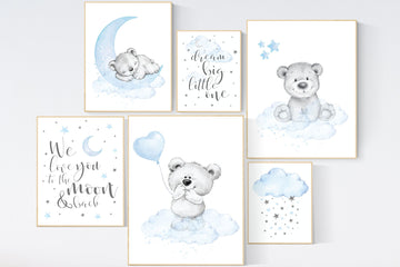 Nursery wall art bear, Nursery decor boy animal, nursery wall art boy, blue gray wall art, bear nursery art, nursery prints set