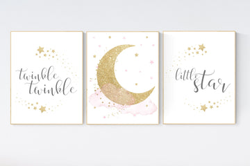 Twinkle twinkle little star, Nursery wall art girl pink gold, baby room decor girl gold and pink, cloud and stars, baby room, moon print