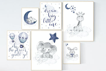 Nursery decor boy elephant, giraffe, boy nursery decor, moon and stars, navy nursery, boy nursery wall art, dream big little one
