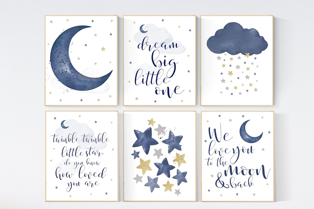 Nursery decor navy silver gold, moon and stars, navy blue, moon, cloud and stars, navy gold nursery, we love you to the moon and back