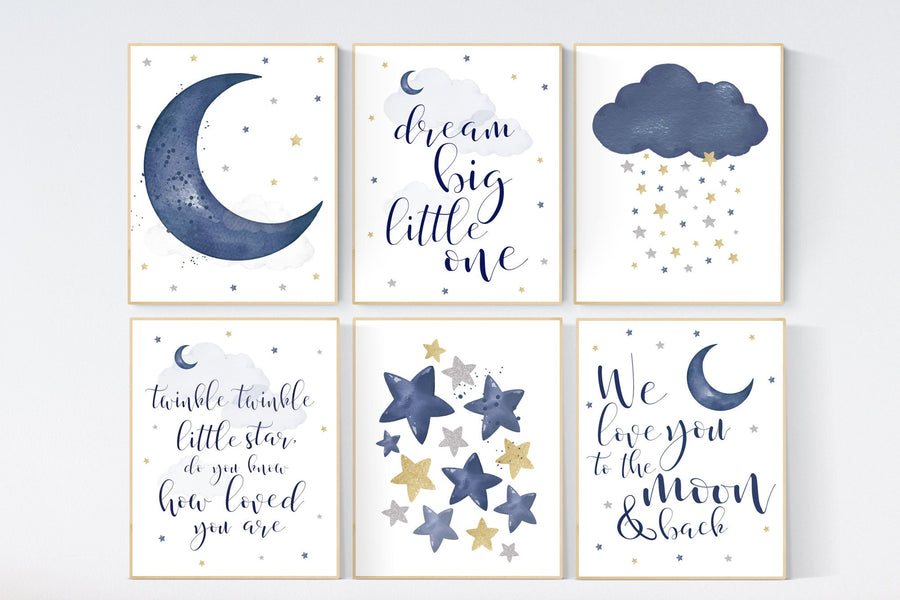 Nursery decor navy silver gold, moon and stars, navy blue, moon, cloud and stars, navy gold nursery, we love you to the moon and back