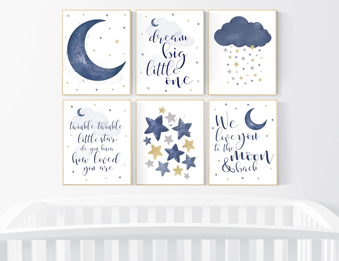 Nursery decor navy silver gold, moon and stars, navy blue, moon, cloud and stars, navy gold nursery, we love you to the moon and back