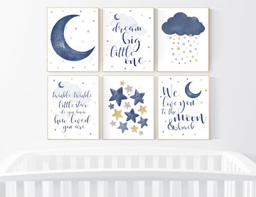 Nursery decor navy silver gold, moon and stars, navy blue, moon, cloud and stars, navy gold nursery, we love you to the moon and back