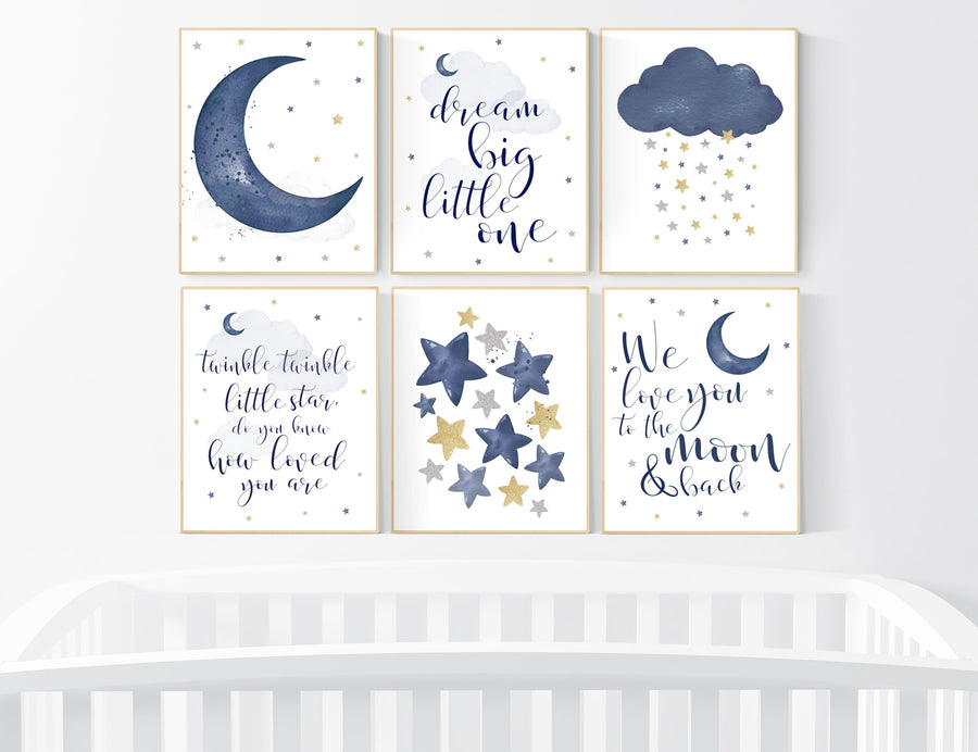 Nursery decor navy silver gold, moon and stars, navy blue, moon, cloud and stars, navy gold nursery, we love you to the moon and back
