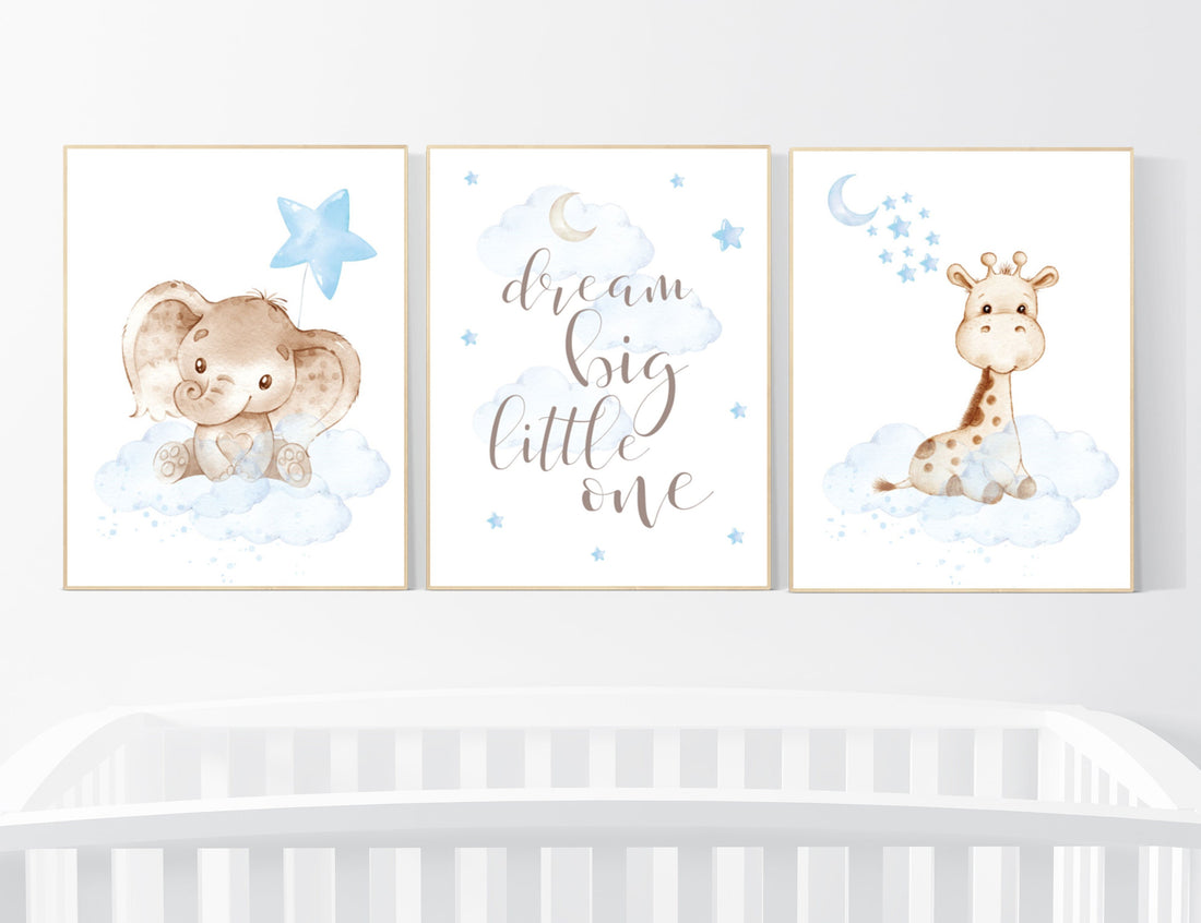 Nursery wall art animals, baby room decor blue, baby room decor, elephant, giraffe, animal nursery decor, nursery prints boy room decor