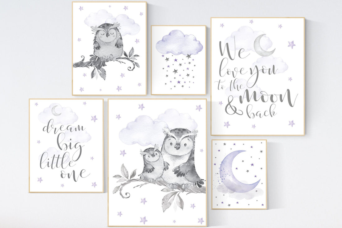 Owl Nursery Decor girl, purple nursery, owl print nursery, Baby girl room, nursery wall art owl, Owl wall art print, lilac nursery, lavender