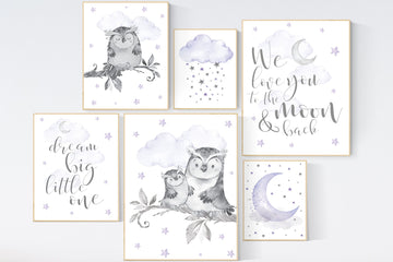 Owl Nursery Decor girl, purple nursery, owl print nursery, Baby girl room, nursery wall art owl, Owl wall art print, lilac nursery, lavender