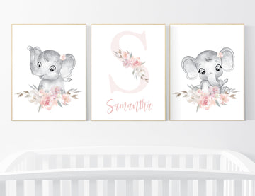 Nursery decor girl boho, elephant nursery wall art, nursery decor girl flowers, nursery decor girl floral, nursery prints, boho nursery