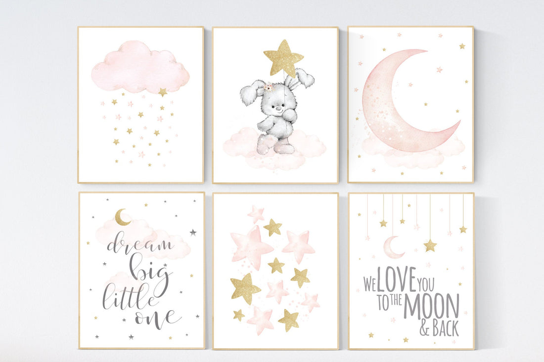 Nursery decor girl, Blush pink and gold, nursery wall art girl, bunny nursery, blush pink gold, girl nursery wall decor, cloud and moon