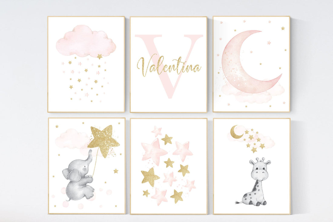 Nursery decor girl name, Blush pink and gold, nursery wall art girl, elephant, giraffe, blush pink gold, girl nursery wall decor, cloud moon