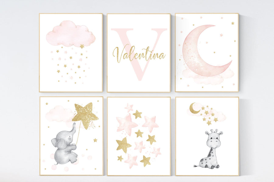 Nursery decor girl name, Blush pink and gold, nursery wall art girl, elephant, giraffe, blush pink gold, girl nursery wall decor, cloud moon