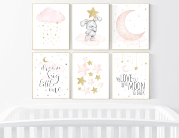 Nursery decor girl, Blush pink and gold, nursery wall art girl, bunny nursery, blush pink gold, girl nursery wall decor, cloud and moon