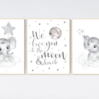 Grey nursery wall art, elephant nursery wall art, moon and stars, gender neutral, gray nursery art, baby room decor, neutral, twin nursery