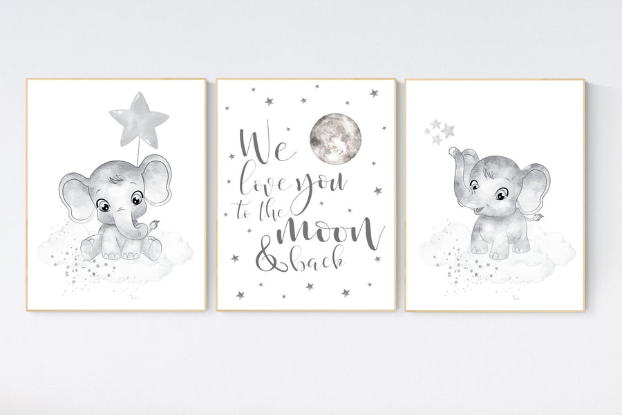 Grey nursery wall art, elephant nursery wall art, moon and stars, gender neutral, gray nursery art, baby room decor, neutral, twin nursery