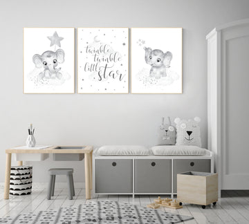 Grey nursery wall art, gender neutral, elephant nursery wall art, moon and stars, gray nursery art, baby room decor, neutral, twin nursery
