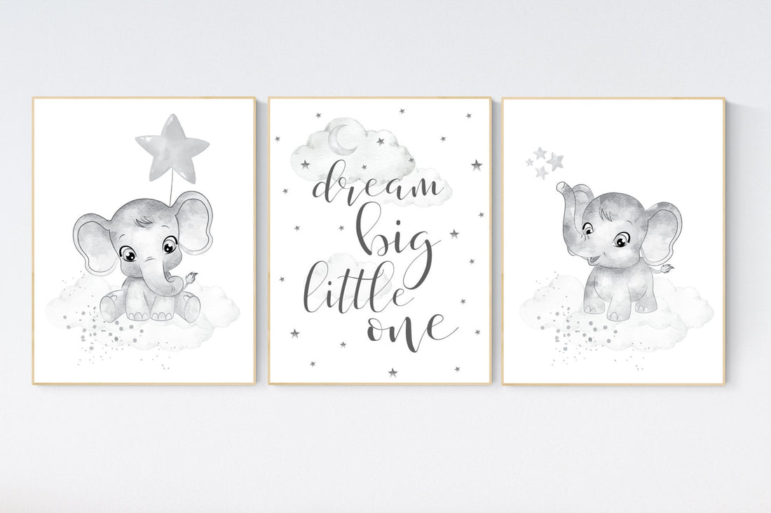 Nursery wall art grey, gray nursery, nursery decor neutral, elephant nursery, baby room decor gender neutral, moon and stars, nursery ideas