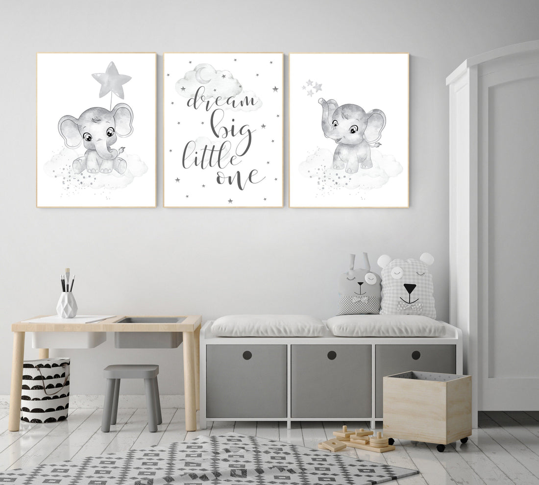 Nursery wall art grey, gray nursery, nursery decor neutral, elephant nursery, baby room decor gender neutral, moon and stars, nursery ideas