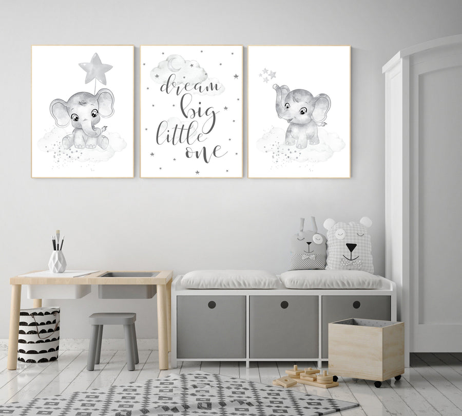 Nursery wall art grey, gray nursery, nursery decor neutral, elephant nursery, baby room decor gender neutral, moon and stars, nursery ideas