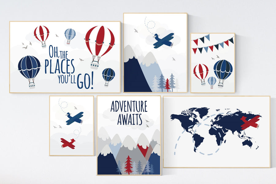 Adventure nursery decor, Nursery decor boy mountains adventure, nursery decor boy airplane, world map, adventure awaits, navy, red, blue