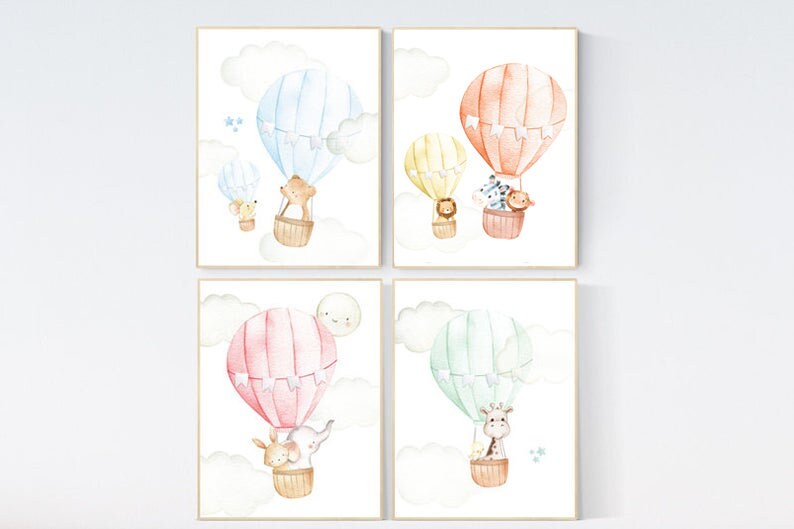 hot air balloon nursery wall art, nursery decor animals, elephant, giraffe, bear, bunny, gender neutral, twin, elegant, baby registry