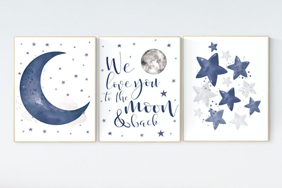 Nursery decor boy navy blue, Nursery wall art boy, navy nursery decor, moon and stars, we love you to the moon and back, nursery prints boy