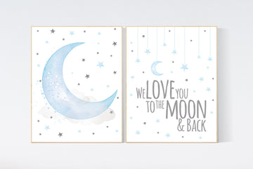Nursery decor boy, nursery wall art, baby room decor boy, moon and stars, we love you to the moon and back, blue gray grey, nursery prints