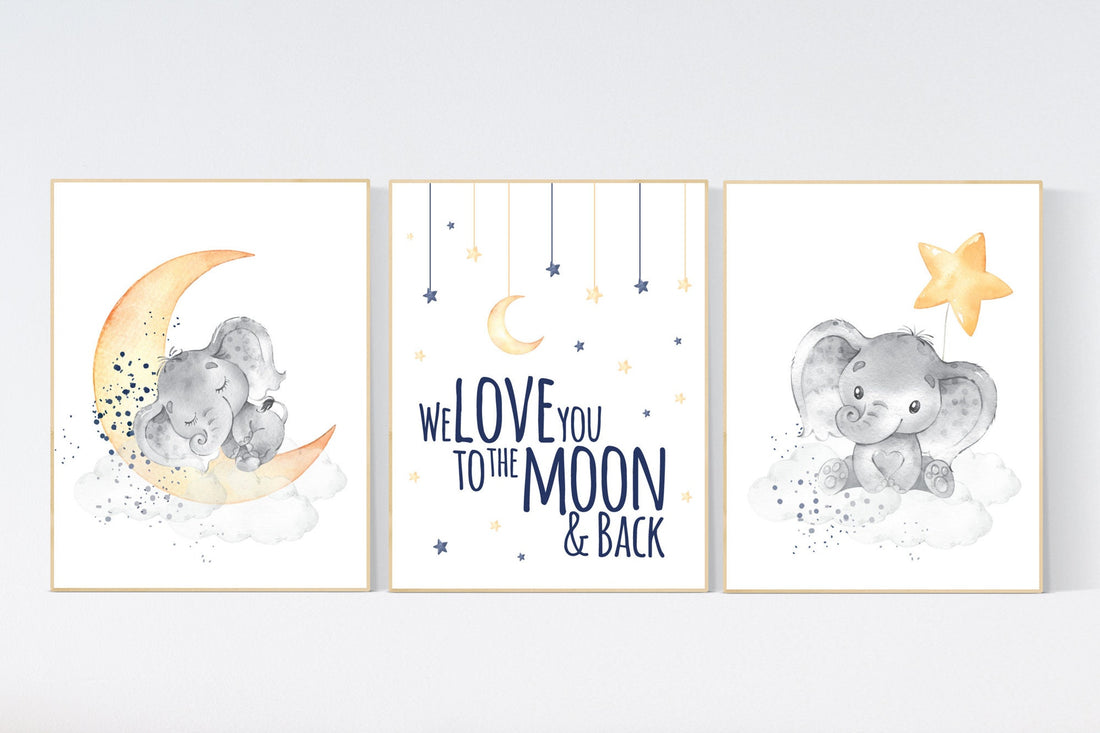 Elephant nursery, Navy yellow nursery decor, navy and yellow nursery art, baby room wall art, boy nursery wall decor, nursery prints boy