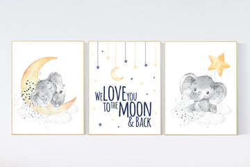 Elephant nursery, Navy yellow nursery decor, navy and yellow nursery art, baby room wall art, boy nursery wall decor, nursery prints boy