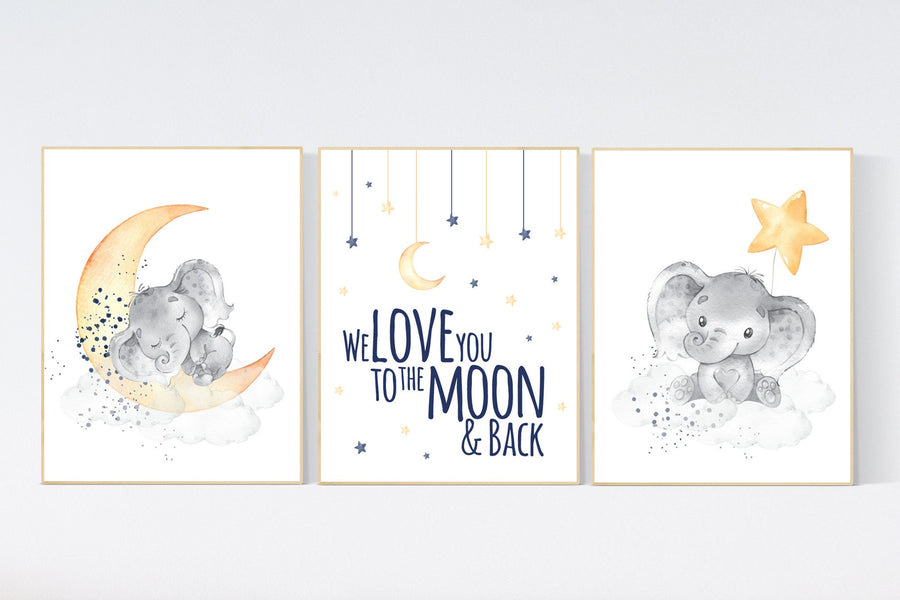 Elephant nursery, Navy yellow nursery decor, navy and yellow nursery art, baby room wall art, boy nursery wall decor, nursery prints boy
