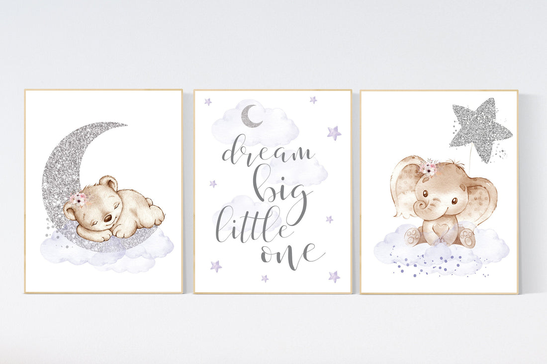 Animal nursery, nursery decor girl purple silver, nursery decor girl woodland animals, teddy bear, elephant, nursery prints girl