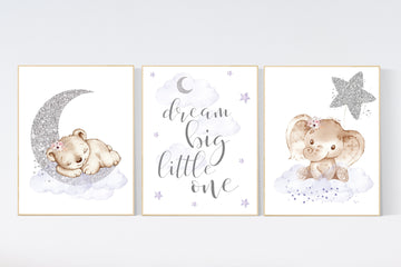 Animal nursery, nursery decor girl purple silver, nursery decor girl woodland animals, teddy bear, elephant, nursery prints girl