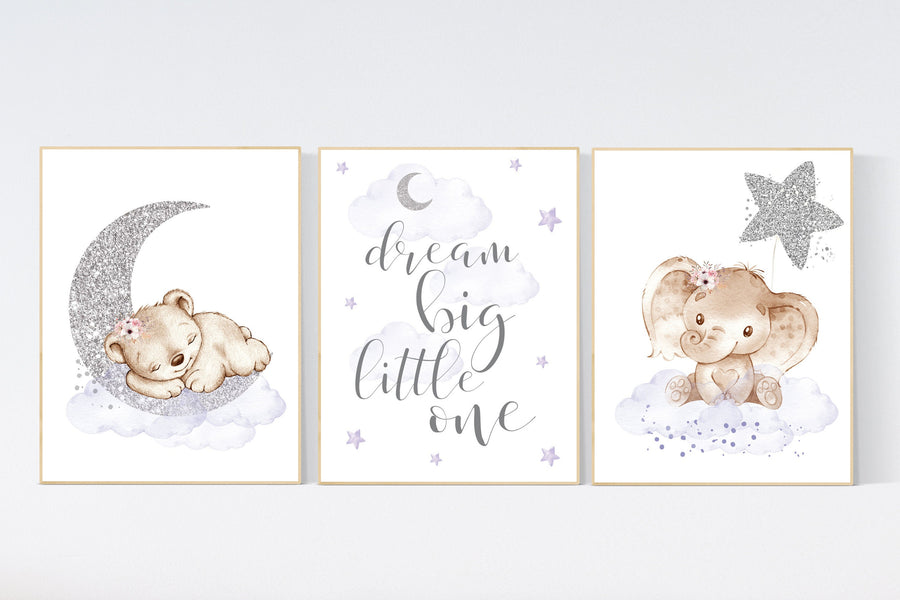 Animal nursery, nursery decor girl purple silver, nursery decor girl woodland animals, teddy bear, elephant, nursery prints girl