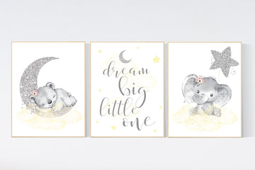 Animal nursery, nursery decor girl yellow silver, nursery decor girl woodland animals, teddy bear, elephant, nursery prints girl