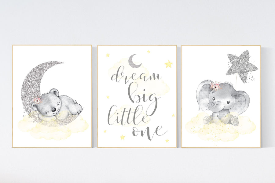 Animal nursery, nursery decor girl yellow silver, nursery decor girl woodland animals, teddy bear, elephant, nursery prints girl