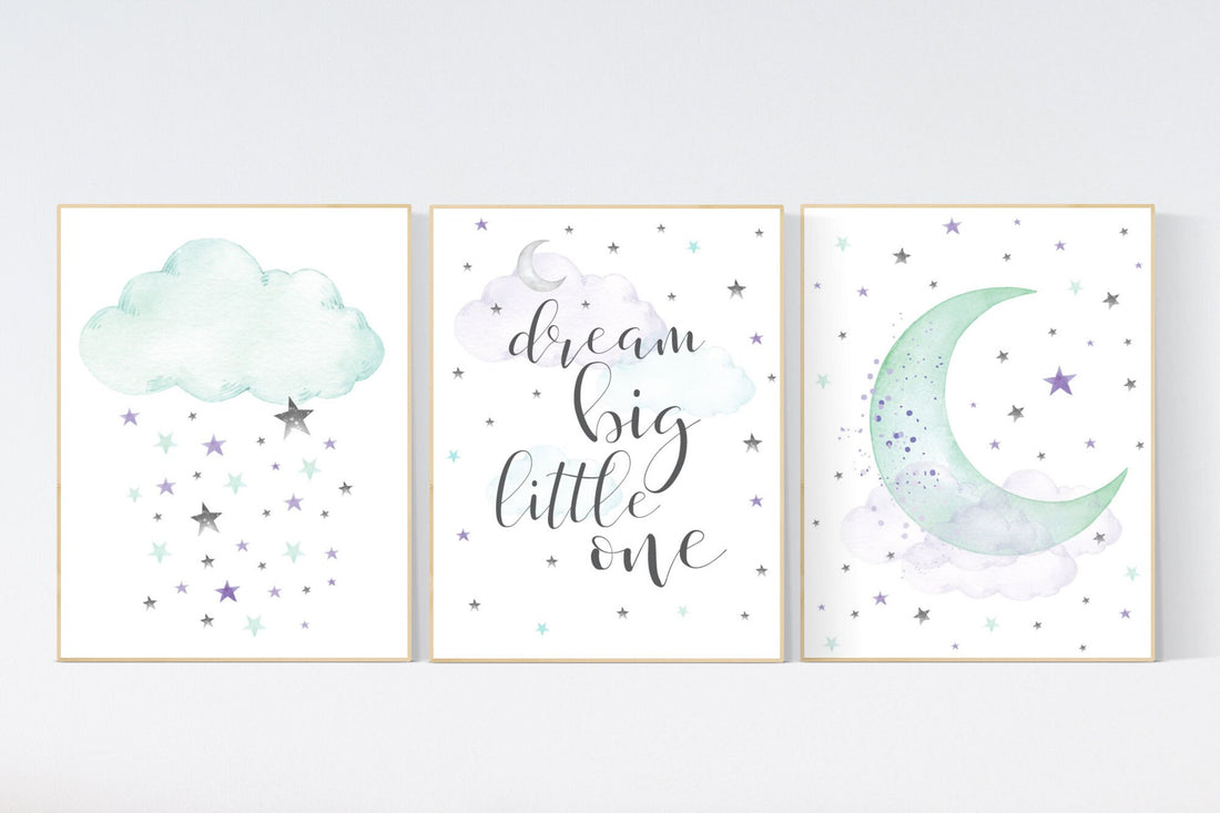Nursery decor girl purple, Nursery decor girl elephant, dream big little one, moon and stars, purple mint, girl nursery wall art