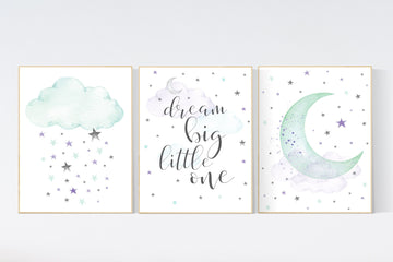 Nursery decor girl purple, Nursery decor girl elephant, dream big little one, moon and stars, purple mint, girl nursery wall art