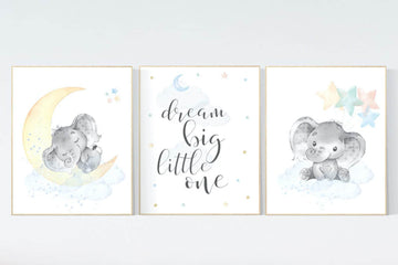 Gender neutral nursery, elephant nursery, nursery wall decor gender neutral, dream big little one, moon, cloud, stars, unisex, twin nursery