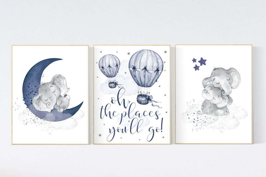 Nursery decor elephant, navy nursery decor, cloud and stars, moon and stars, navy blue nursery art. baby room wall art, elephant nursery