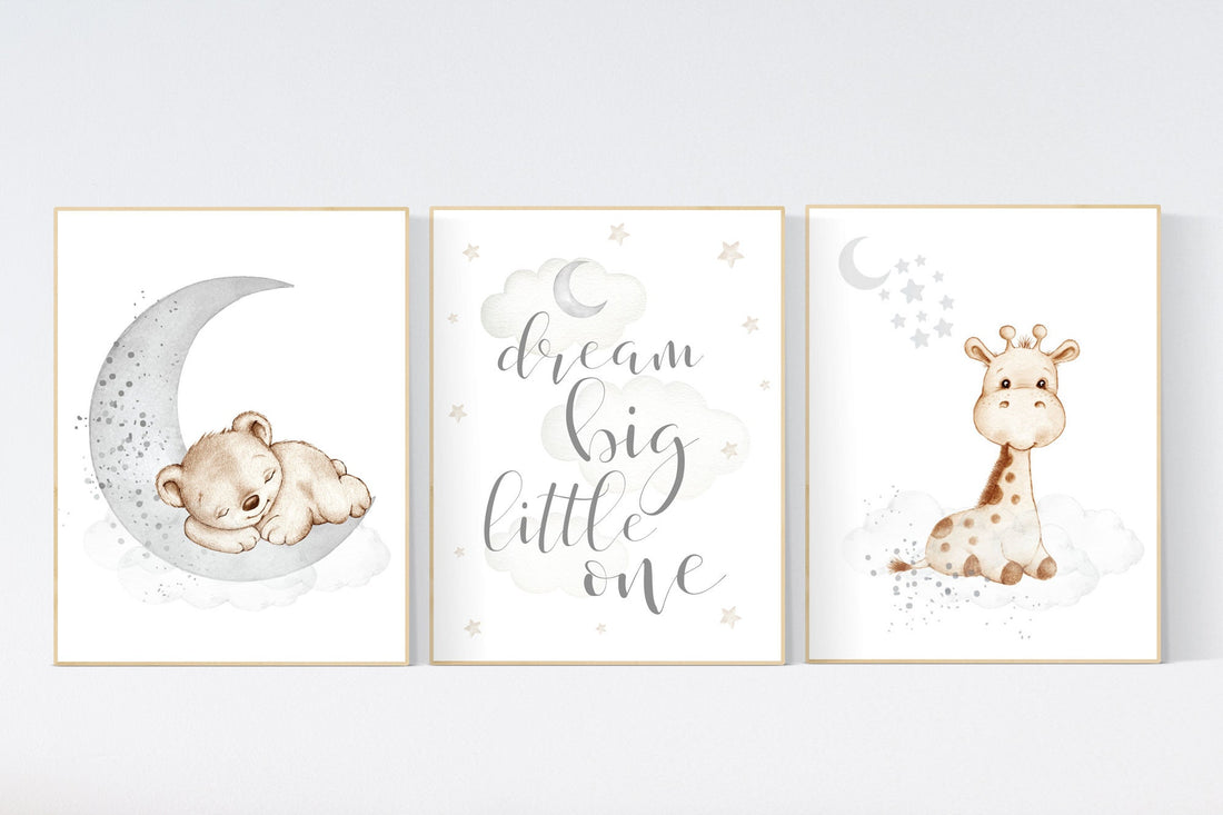 Nursery wall art animals, gray, beige, gender neutral nursery, neutral, bear, giraffe, animal prints, dream big little one, wall decor,