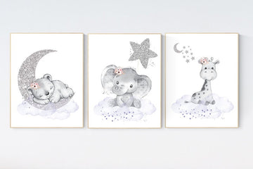 Animal nursery, nursery decor girl purple silver, nursery decor girl woodland animals, teddy bear, elephant, giraffe, nursery prints girl