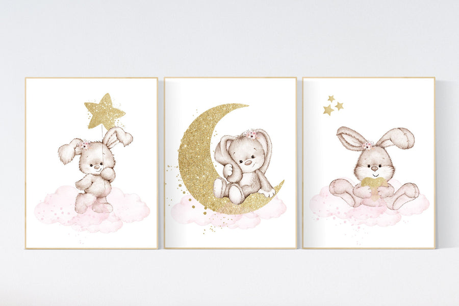Nursery decor girl flower bunny, nursery wall art bunny, pink gold nursery decor, bunny print nursery girl, rabbit nursery, rabbit print