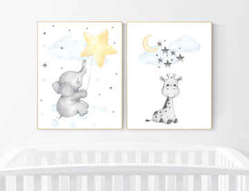 Elephant nursery art, giraffe nursery, blue yellow nursery, neutral nursery prints, cloud nursery, star nursery decor, gender neutral