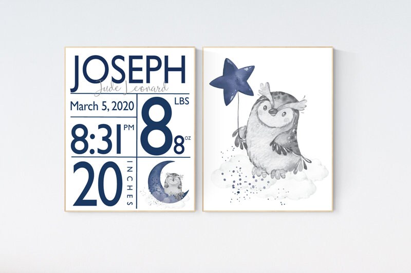 Owl nursery, Navy nursery wall art boy, owl print nursery, owl print baby, navy blue, Nursery decor boy owls, birth stats